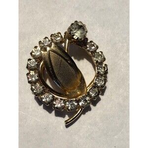 Vintage Gold Tone Tulip Flower Figural Circle Rhinestone Brooch Pin